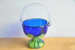 Vintage Blue and Multi Coloured Swirled Glass Basket