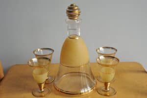 Vintage French Bell Shaped Frosted Yellow Decanter and set of 4 Glasses