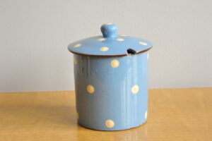 Vintage Devonware Blue and White Polka Dot Covered Pot