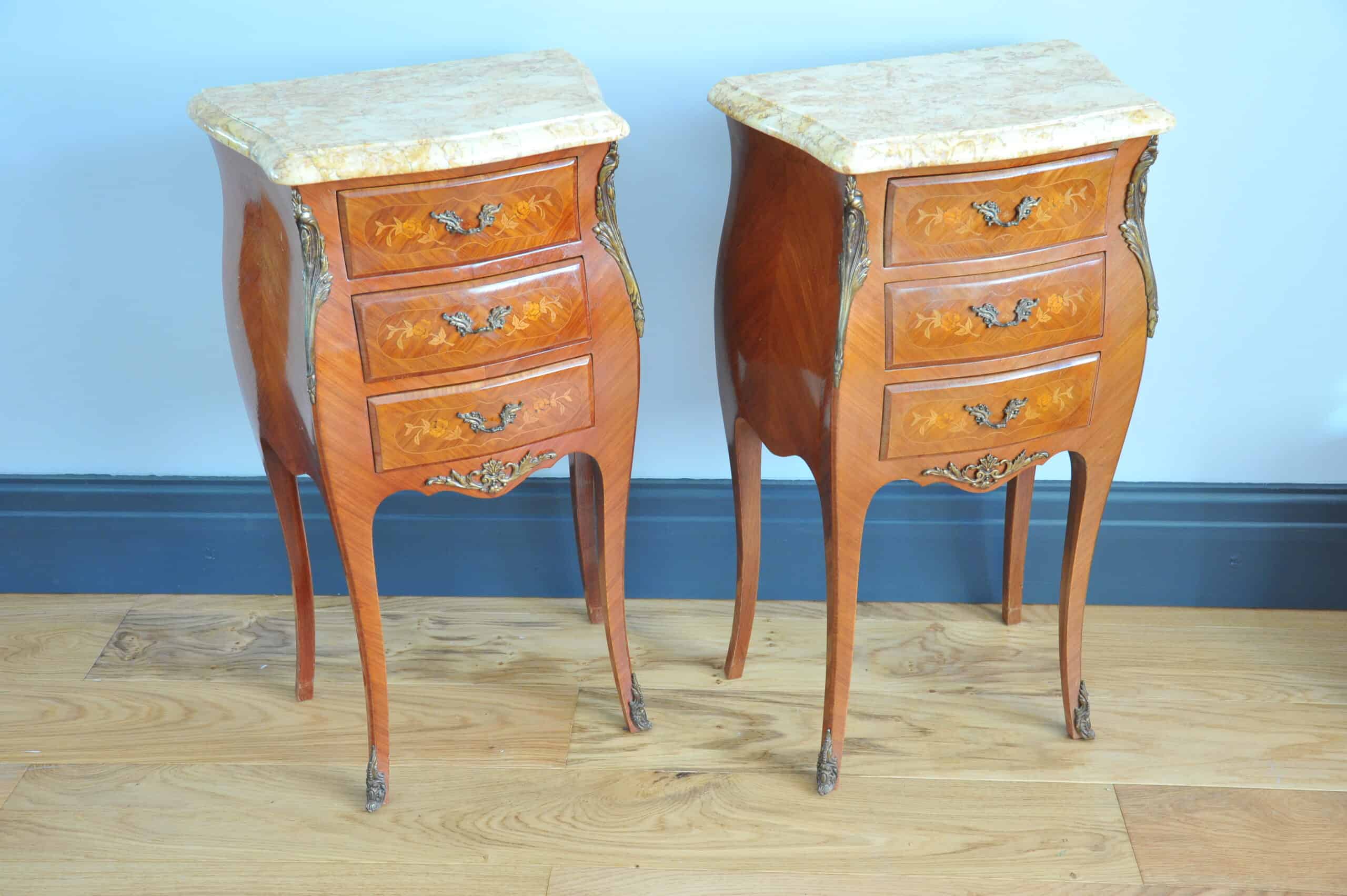 mid century pair of french louis xv style marble top three drawer bedside tables