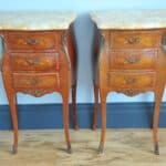 mid century pair of french louis xv style marble top three drawer bedside tables