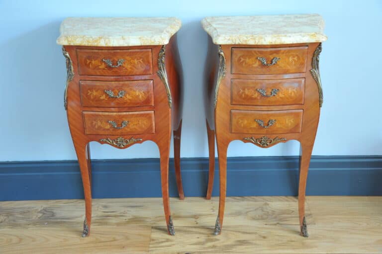 mid century pair of french louis xv style marble top three drawer bedside tables