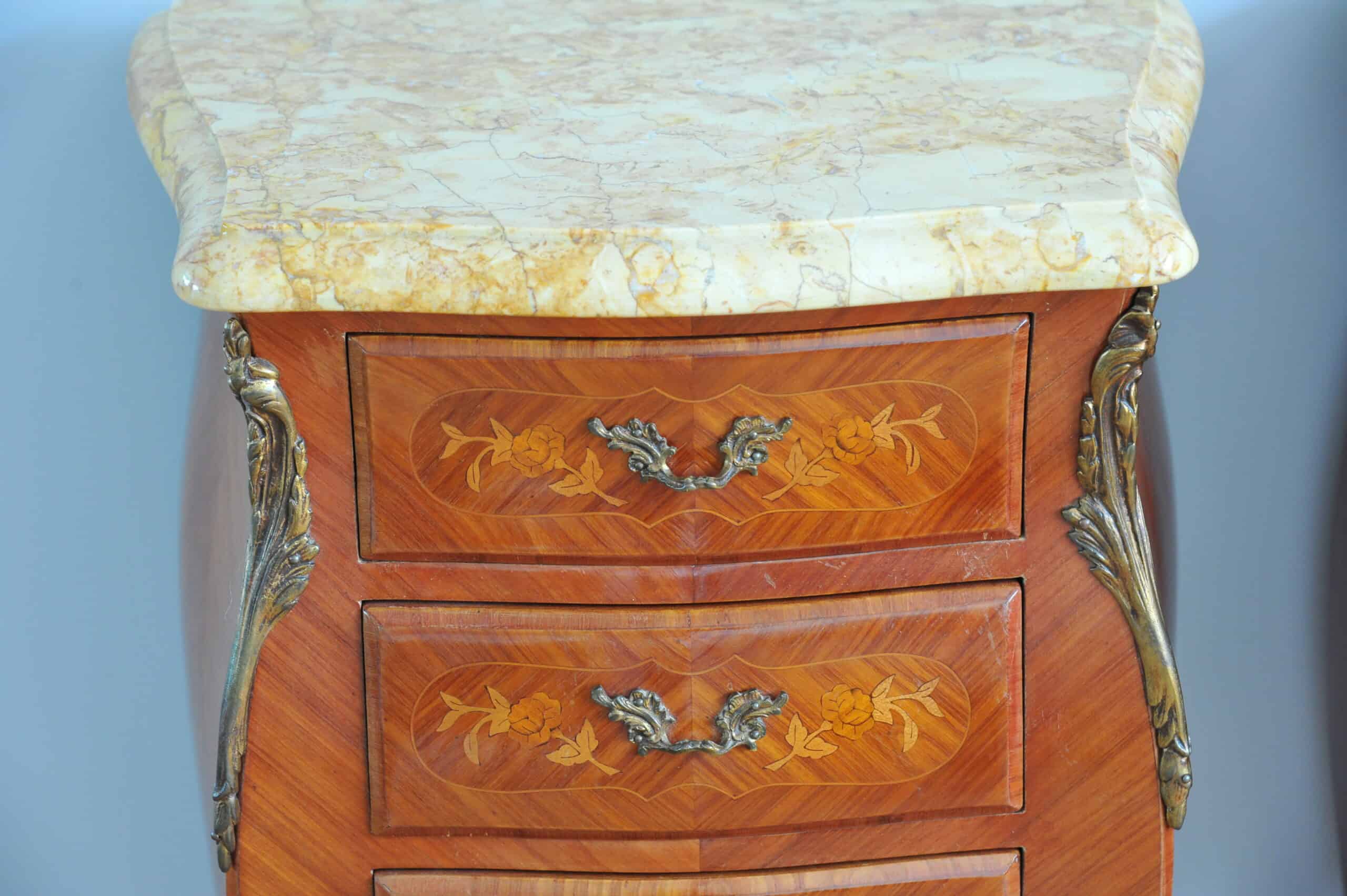 mid century pair of french louis xv style marble top three drawer bedside tables