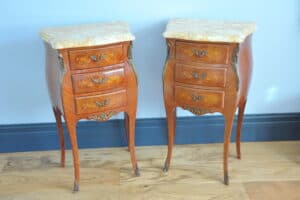 mid century pair of french louis xv style marble top three drawer bedside tables