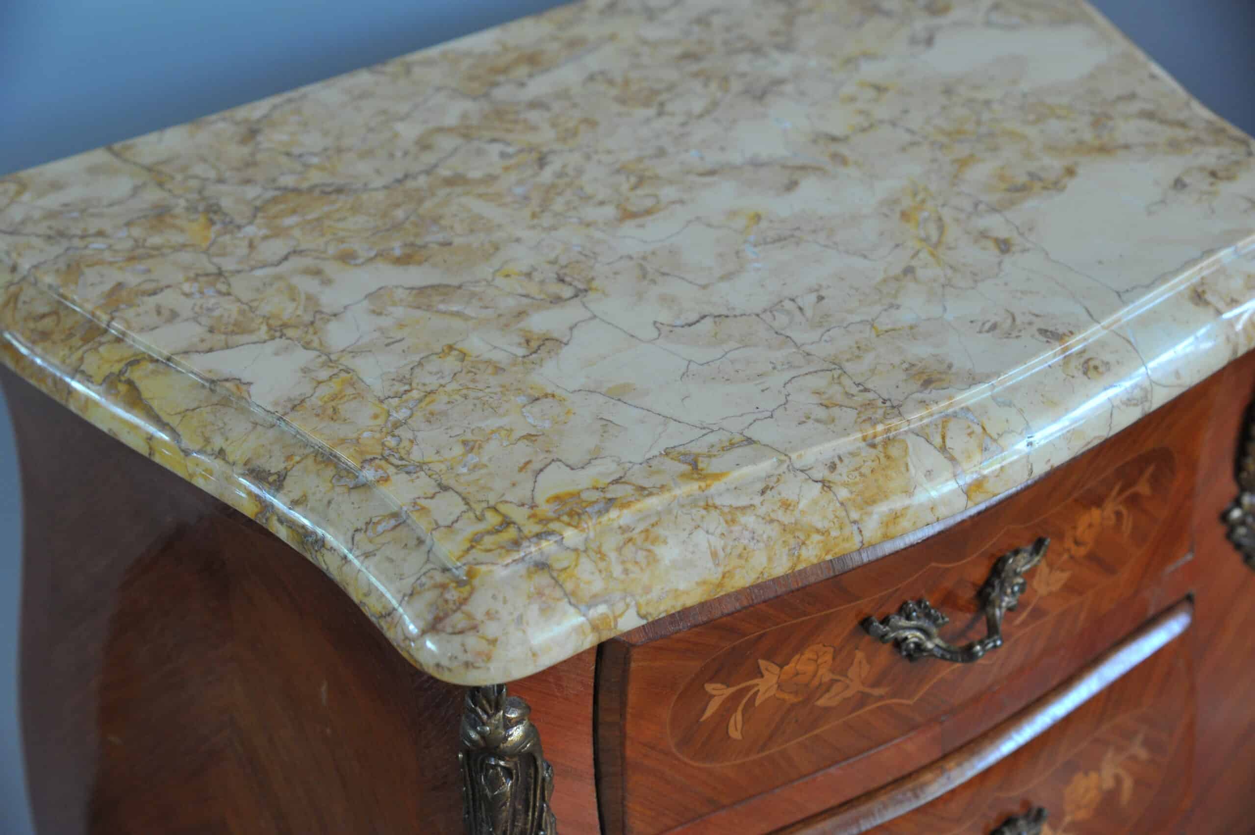 mid century pair of french louis xv style marble top three drawer bedside tables