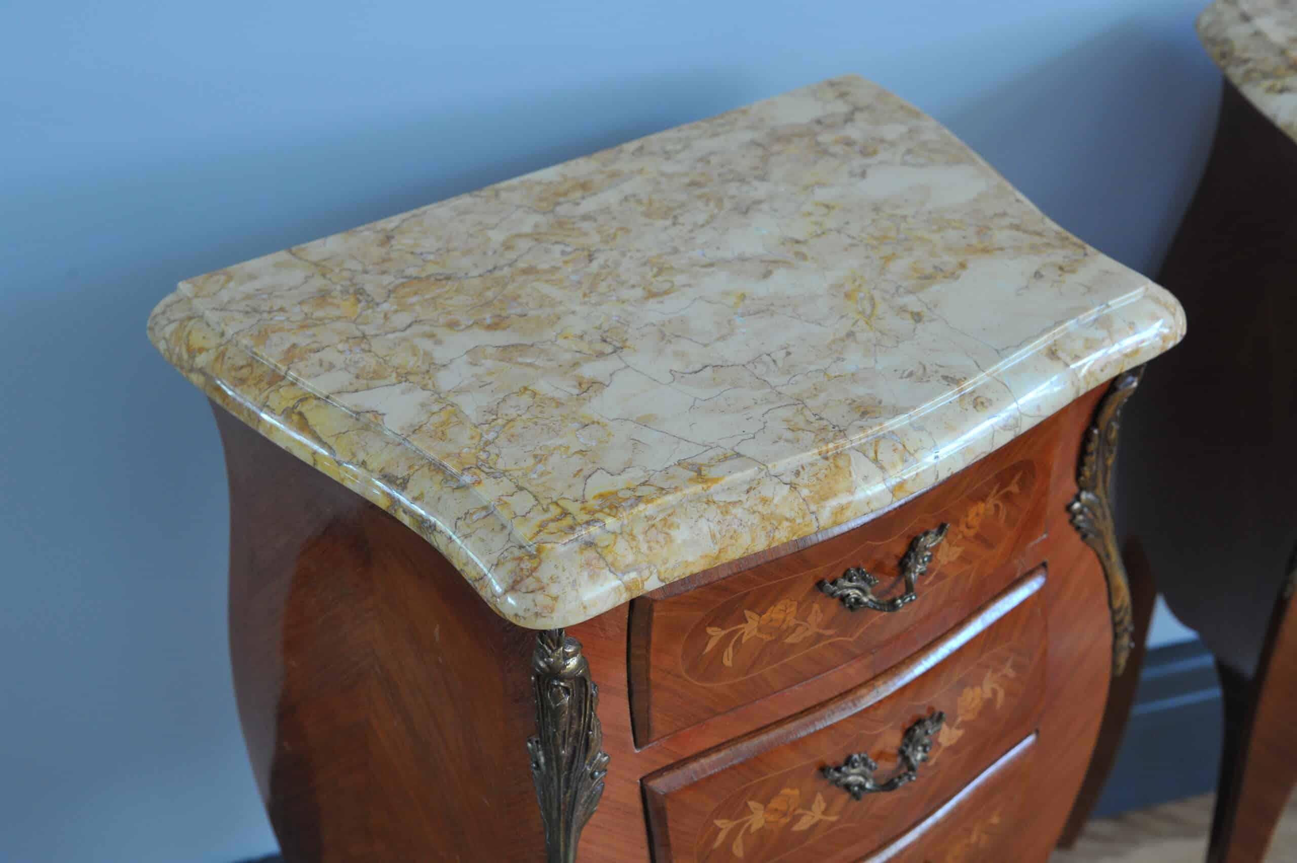 mid century pair of french louis xv style marble top three drawer bedside tables