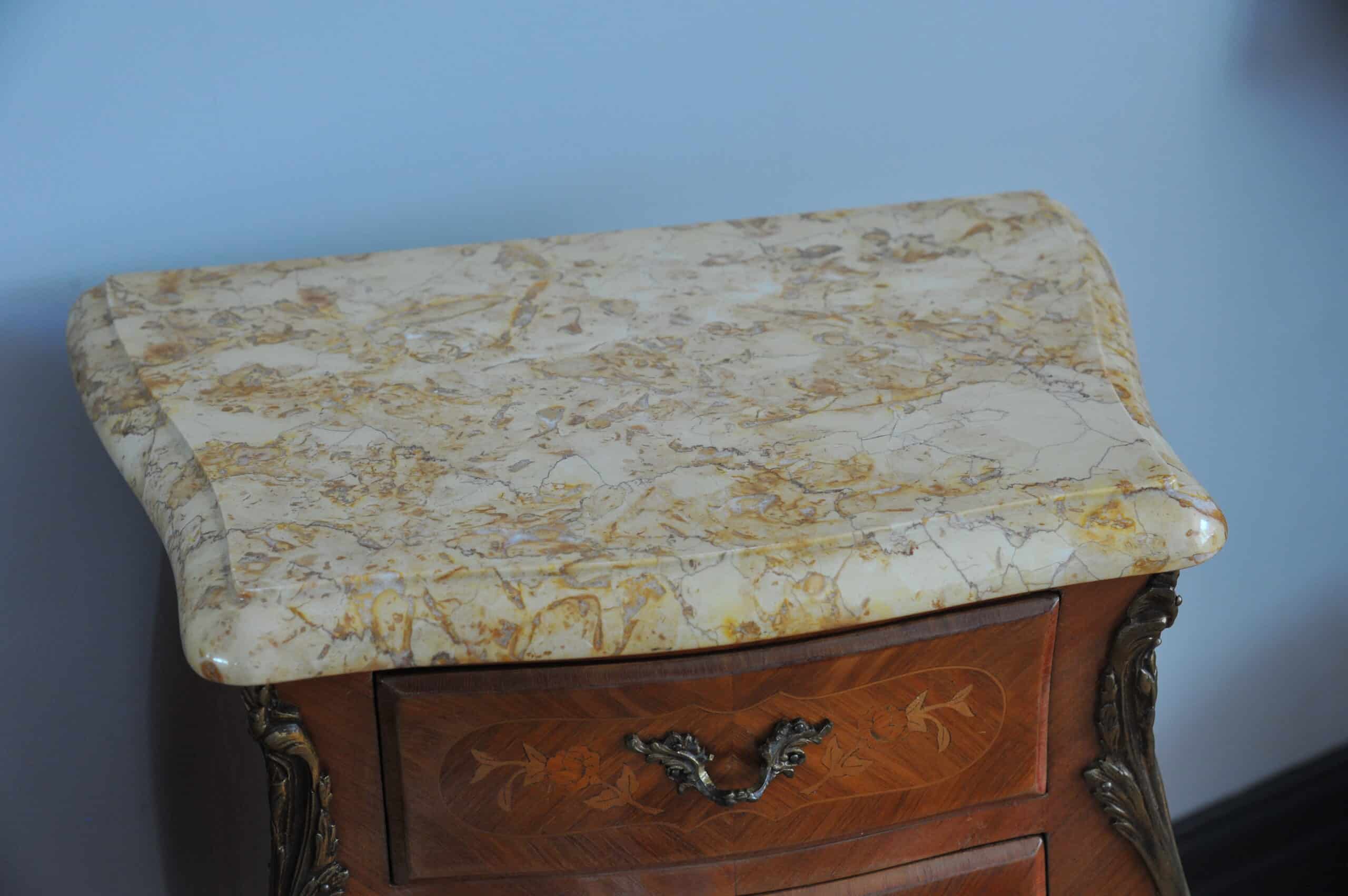 mid century pair of french louis xv style marble top three drawer bedside tables