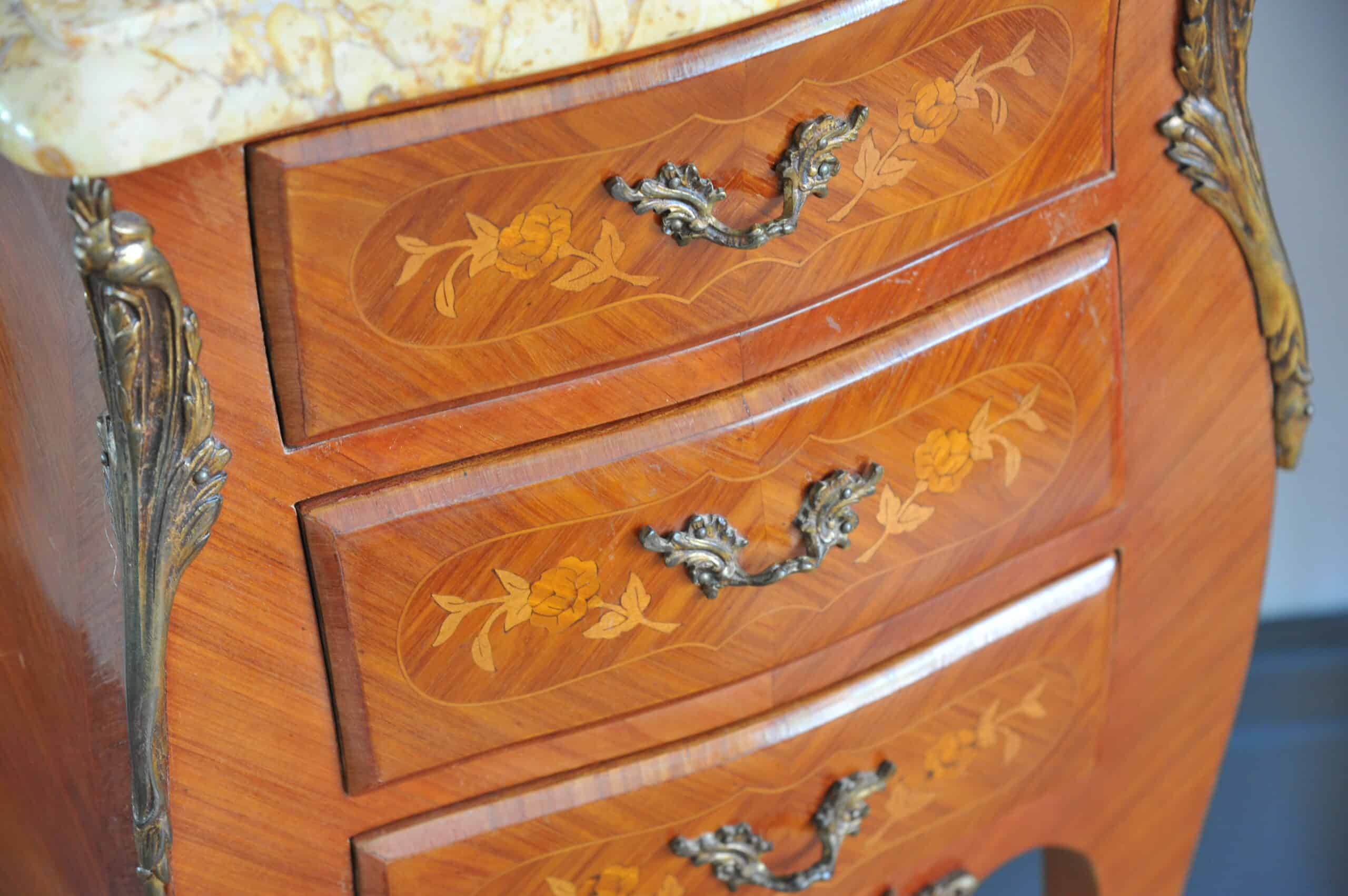 mid century pair of french louis xv style marble top three drawer bedside tables