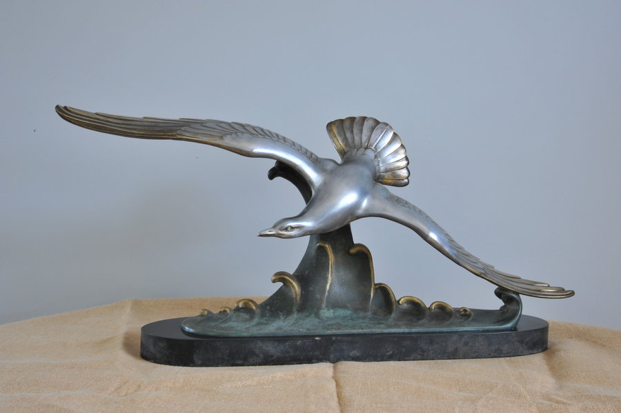 striking french art deco silvered bronze seagull sculpture by l. carvin