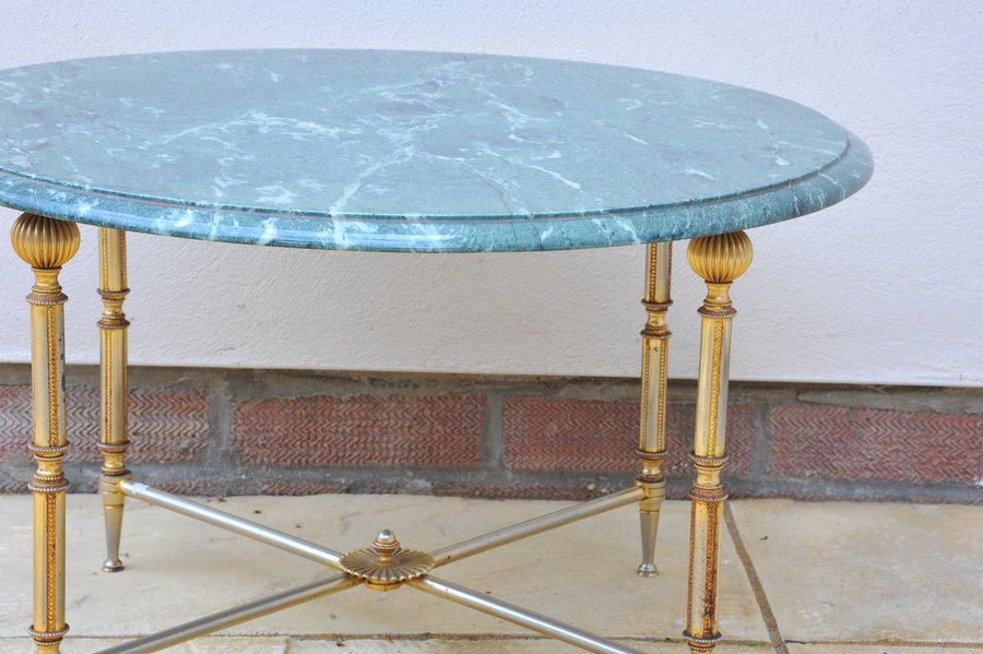 mid century french neo classical round marble and polished metal table