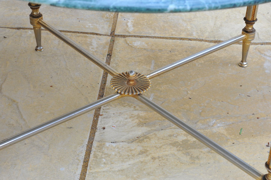 mid century french neo classical round marble and polished metal table
