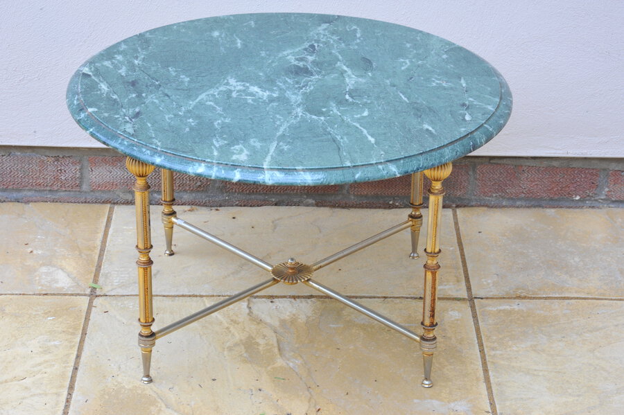 mid century french neo classical round marble and polished metal table