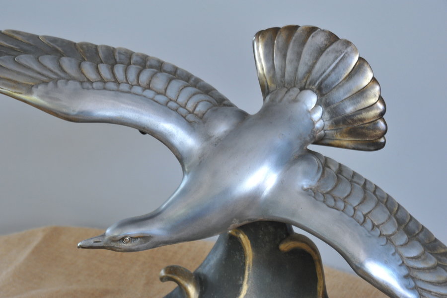 striking french art deco silvered bronze seagull sculpture by l. carvin