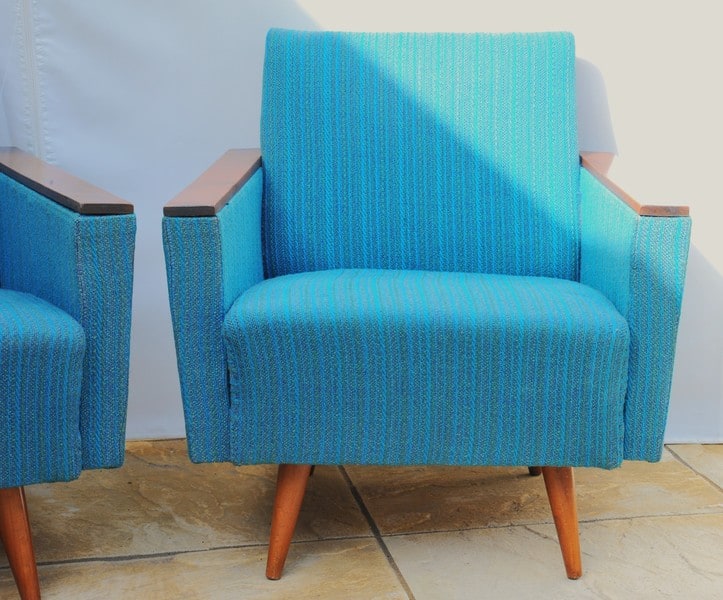 stylish pair of vintage upholstered armchairs