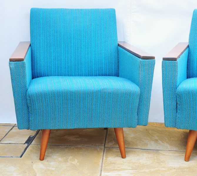 stylish pair of vintage upholstered armchairs