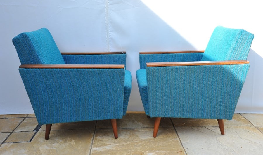 stylish pair of vintage upholstered armchairs
