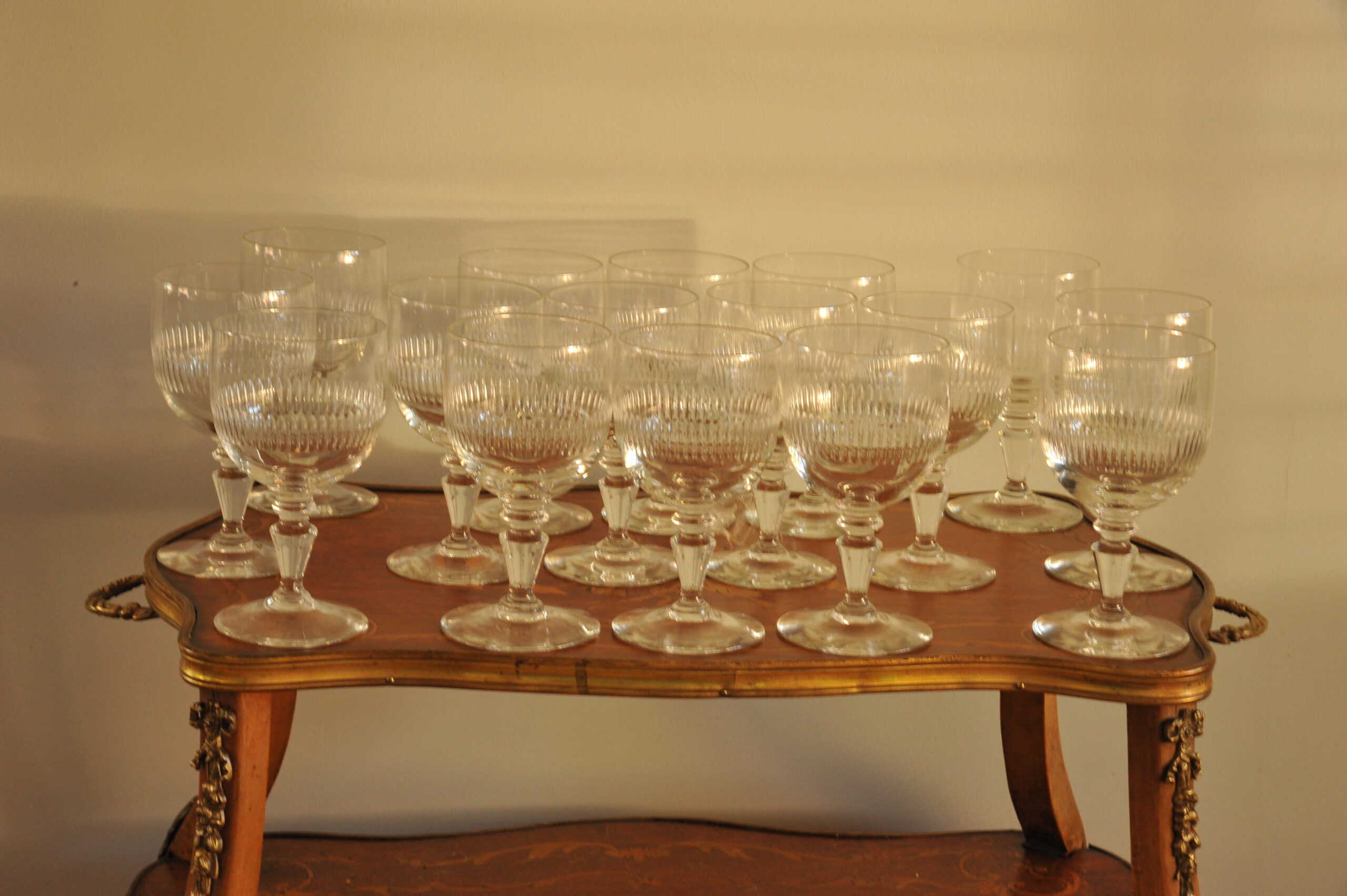 long set of vintage french wine glasses