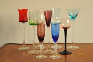 a fun harlequin set of vintage handmade liqueur glasses