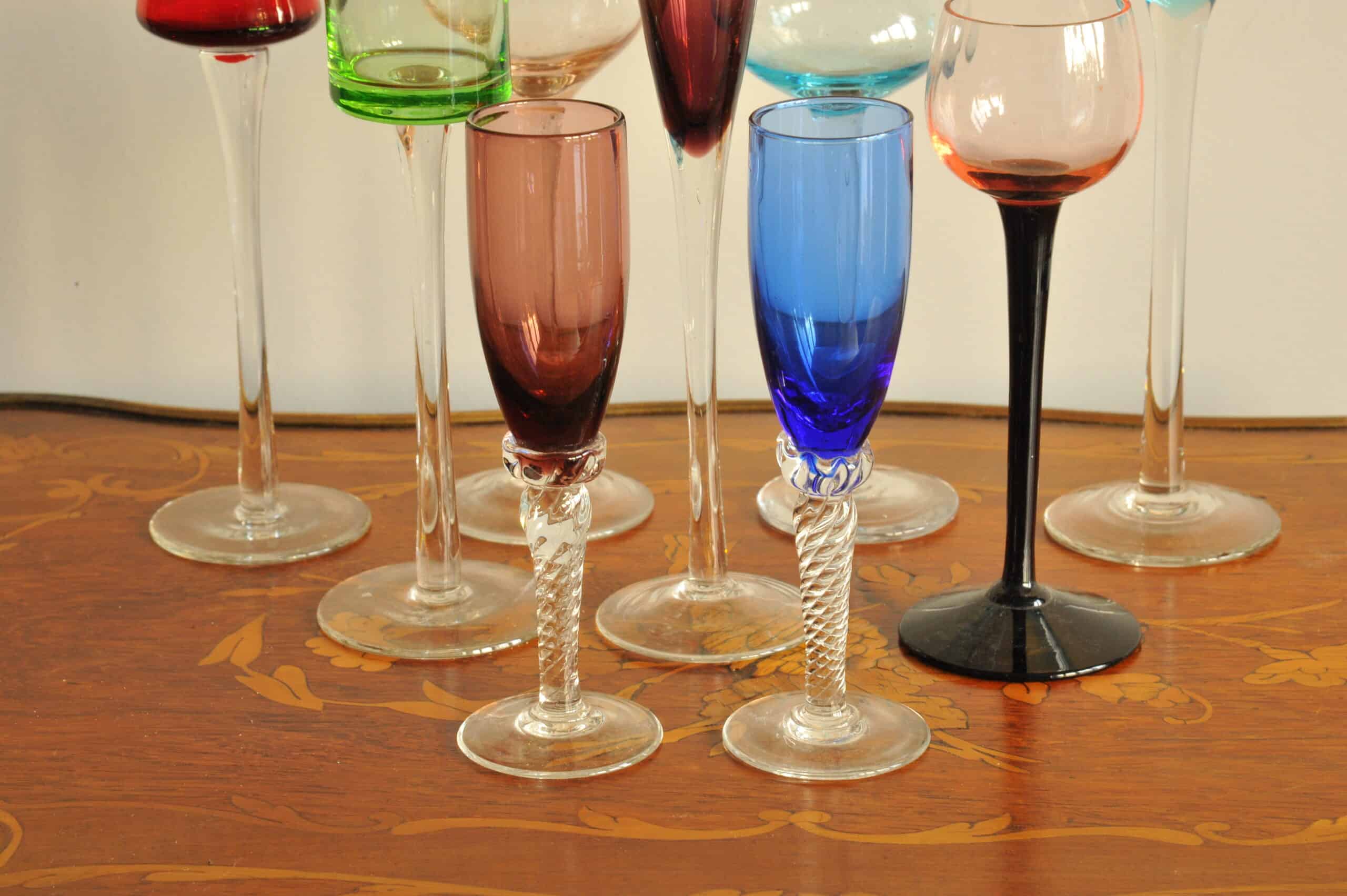 a fun harlequin set of vintage handmade liqueur glasses