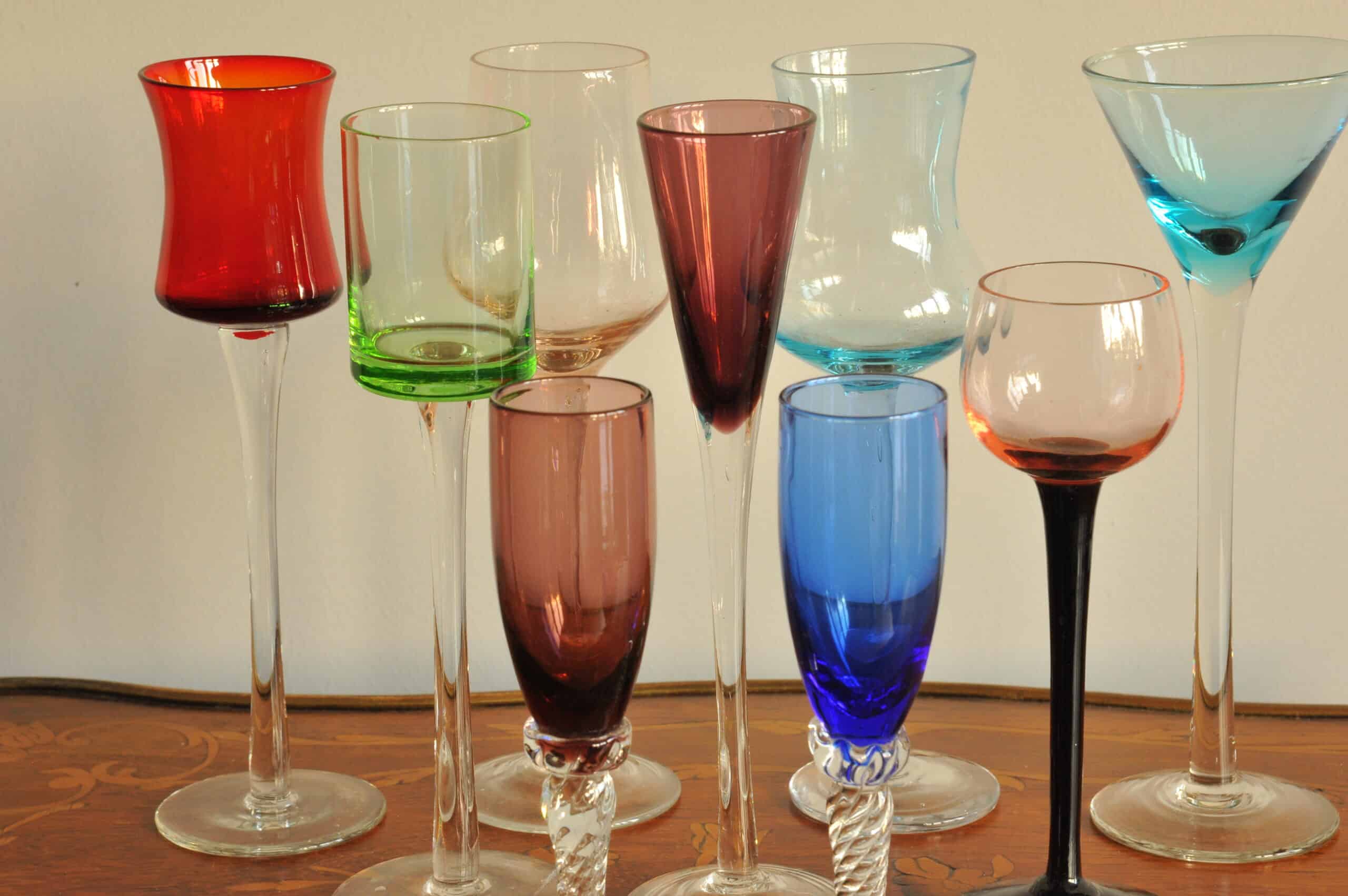 a fun harlequin set of vintage handmade liqueur glasses