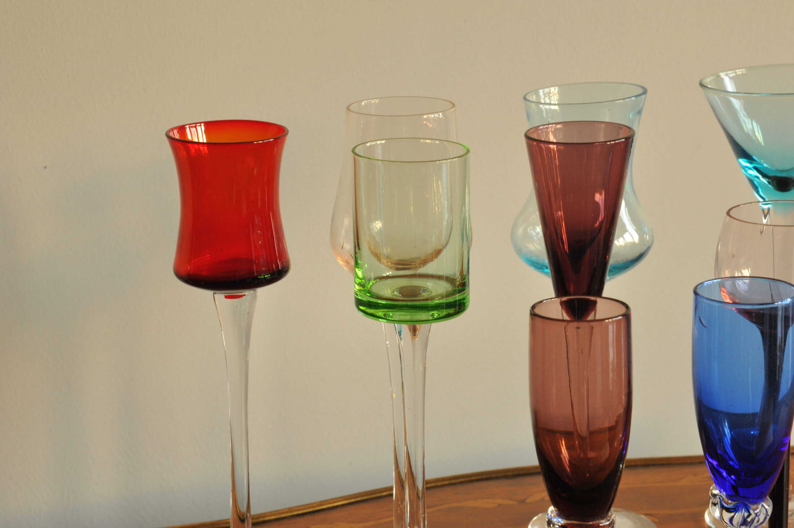 a fun harlequin set of vintage handmade liqueur glasses