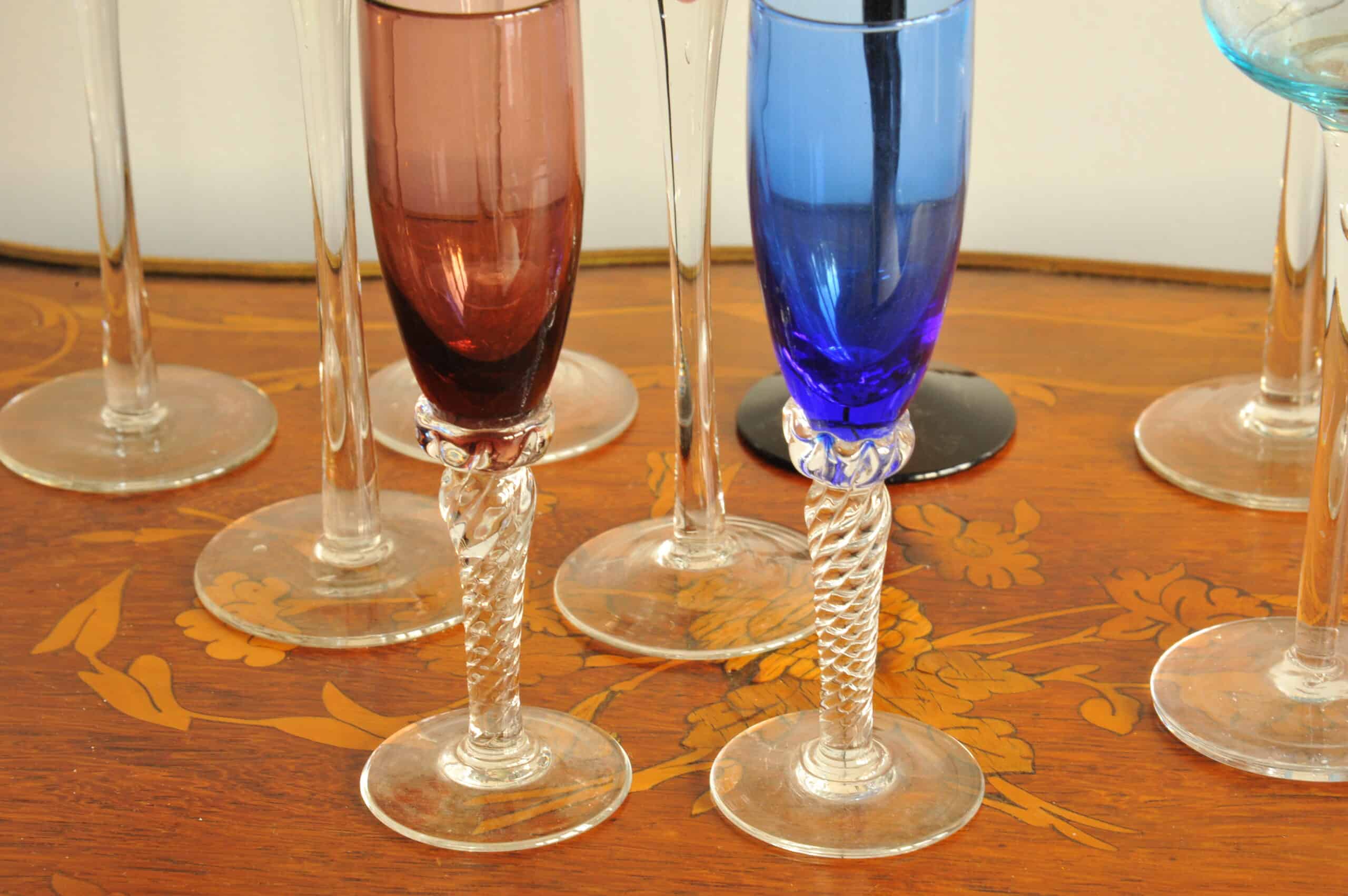 a fun harlequin set of vintage handmade liqueur glasses