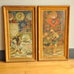 antique pair of prints of a woman gazing at fish bowl