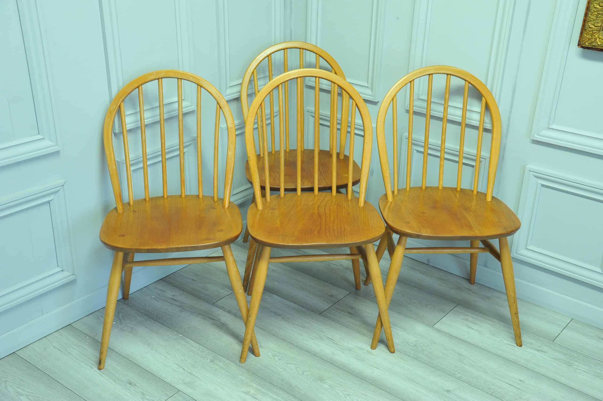 vintage set of six light brown elm and beech wooden dining chairs