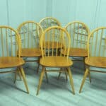 vintage set of six light brown elm and beech wooden dining chairs