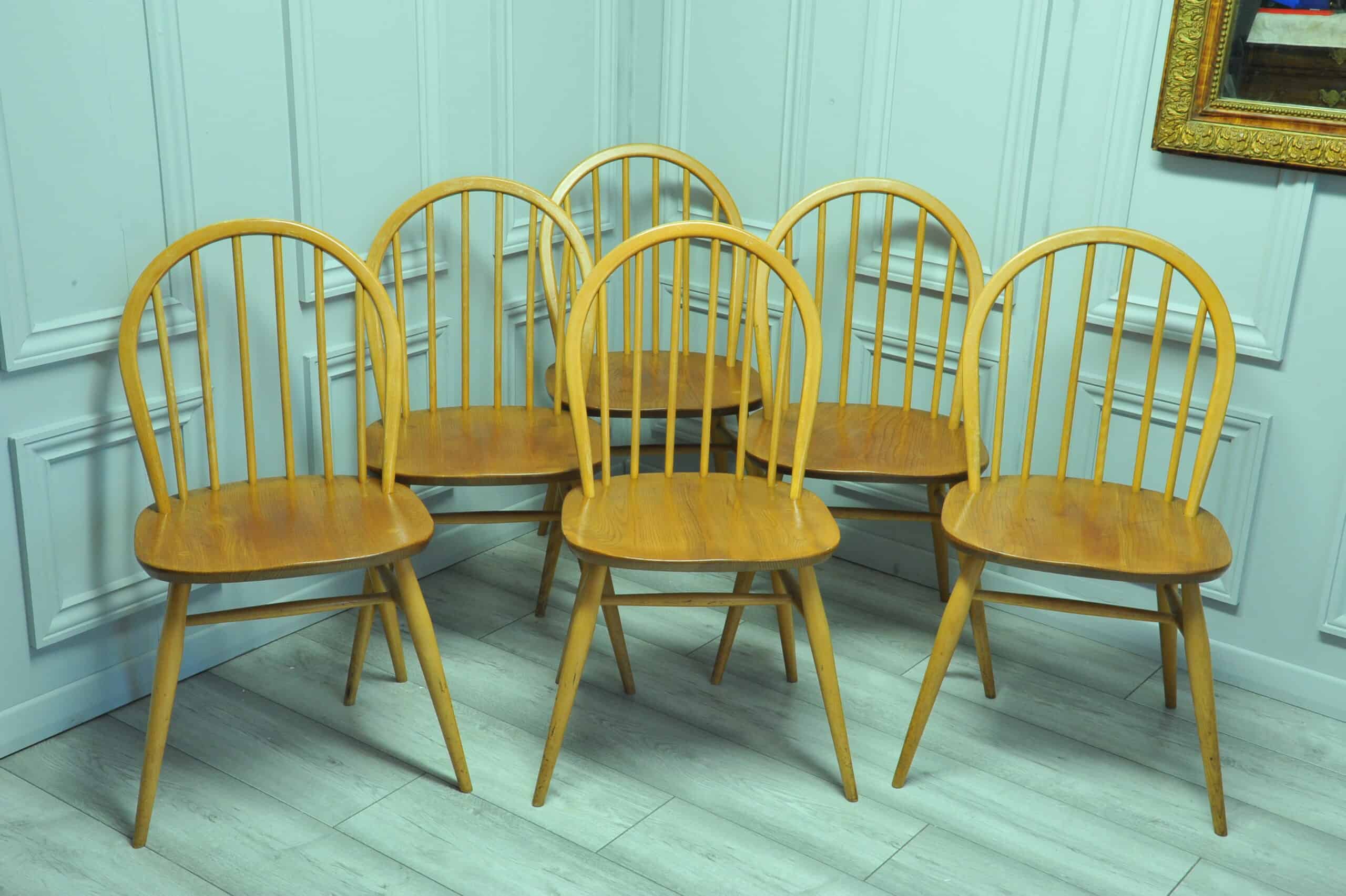 vintage set of six light brown elm and beech wooden dining chairs