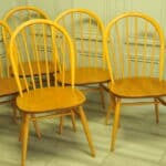 vintage set of six light brown elm and beech wooden dining chairs