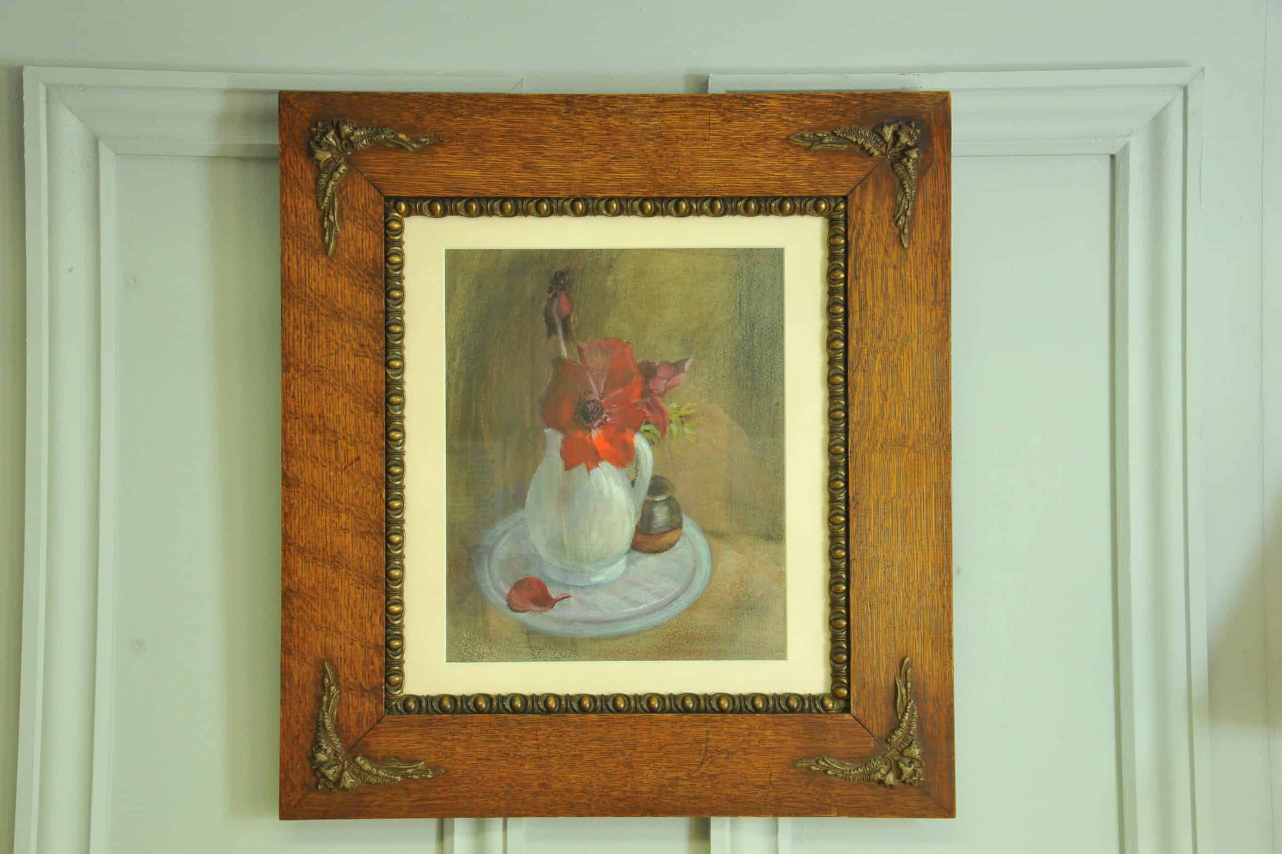 a vintage still life pastel picture in oak frame