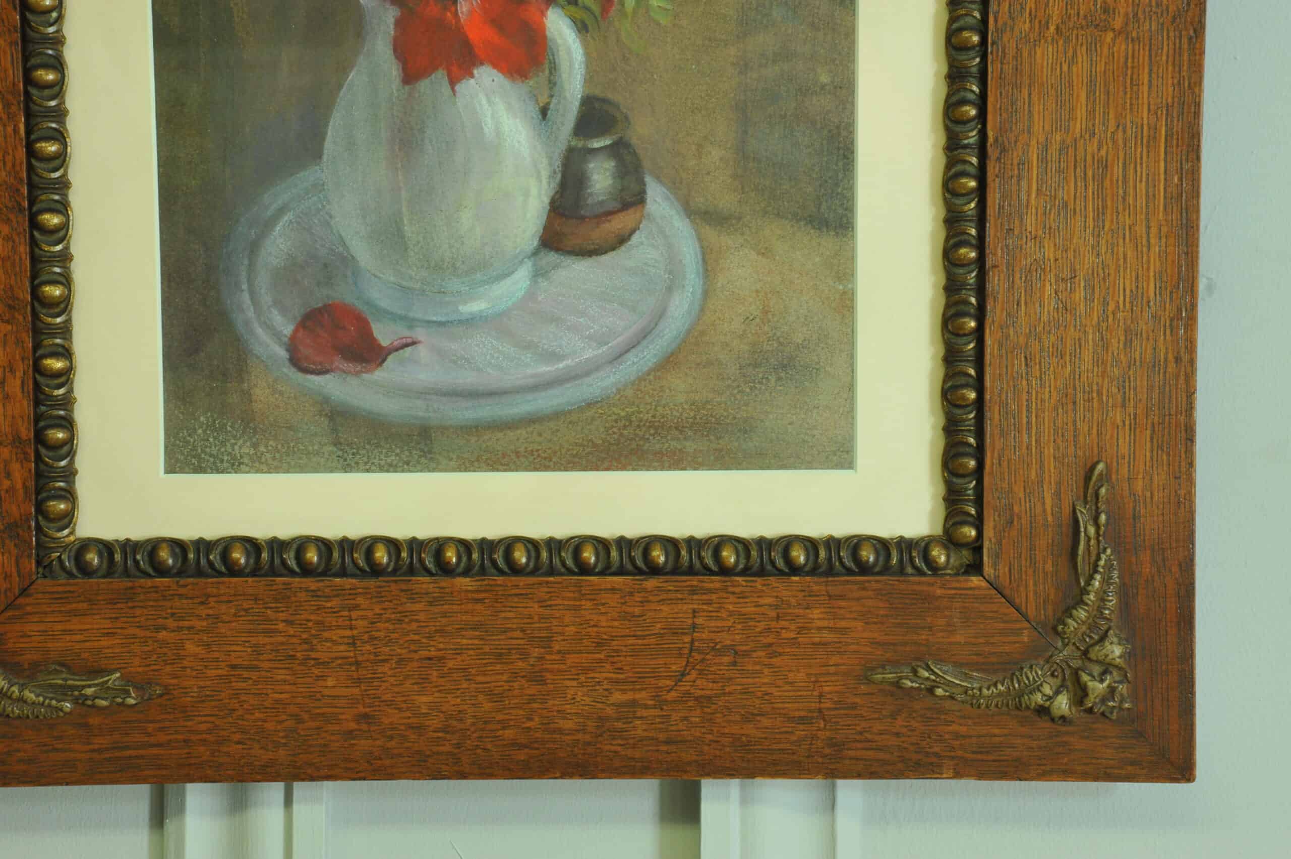 a vintage still life pastel picture in oak frame