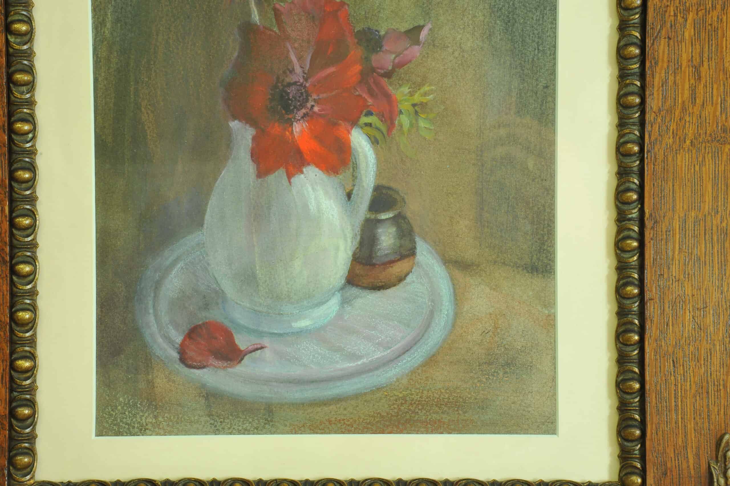 a vintage still life pastel picture in oak frame