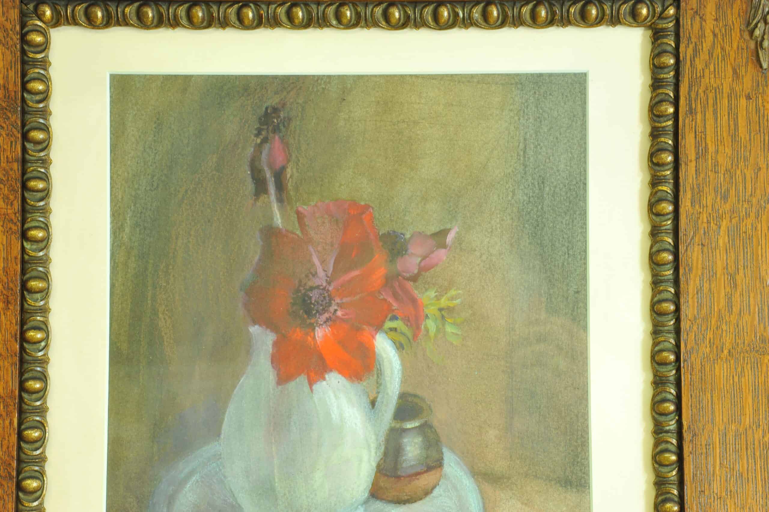 a vintage still life pastel picture in oak frame