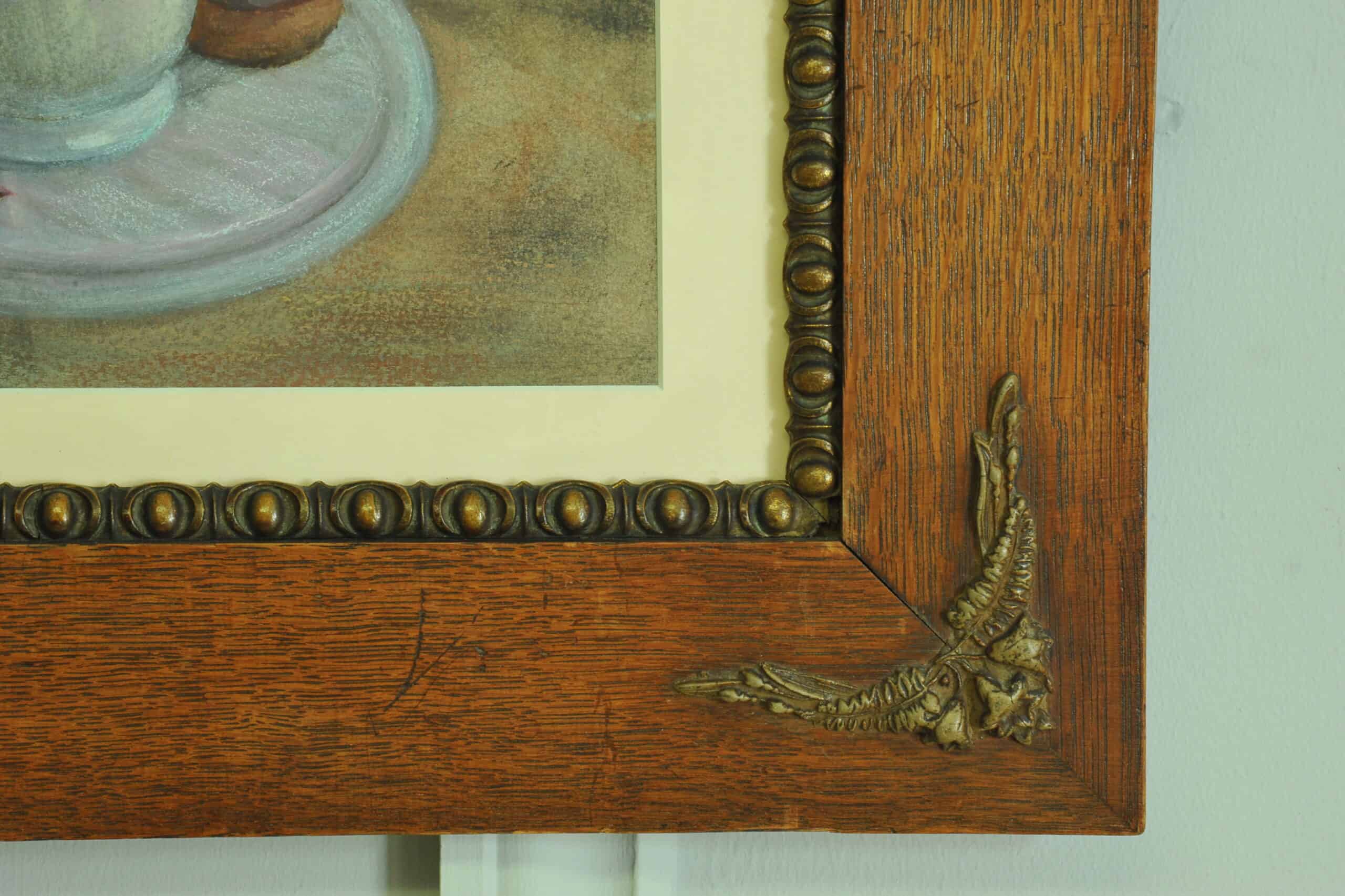 a vintage still life pastel picture in oak frame