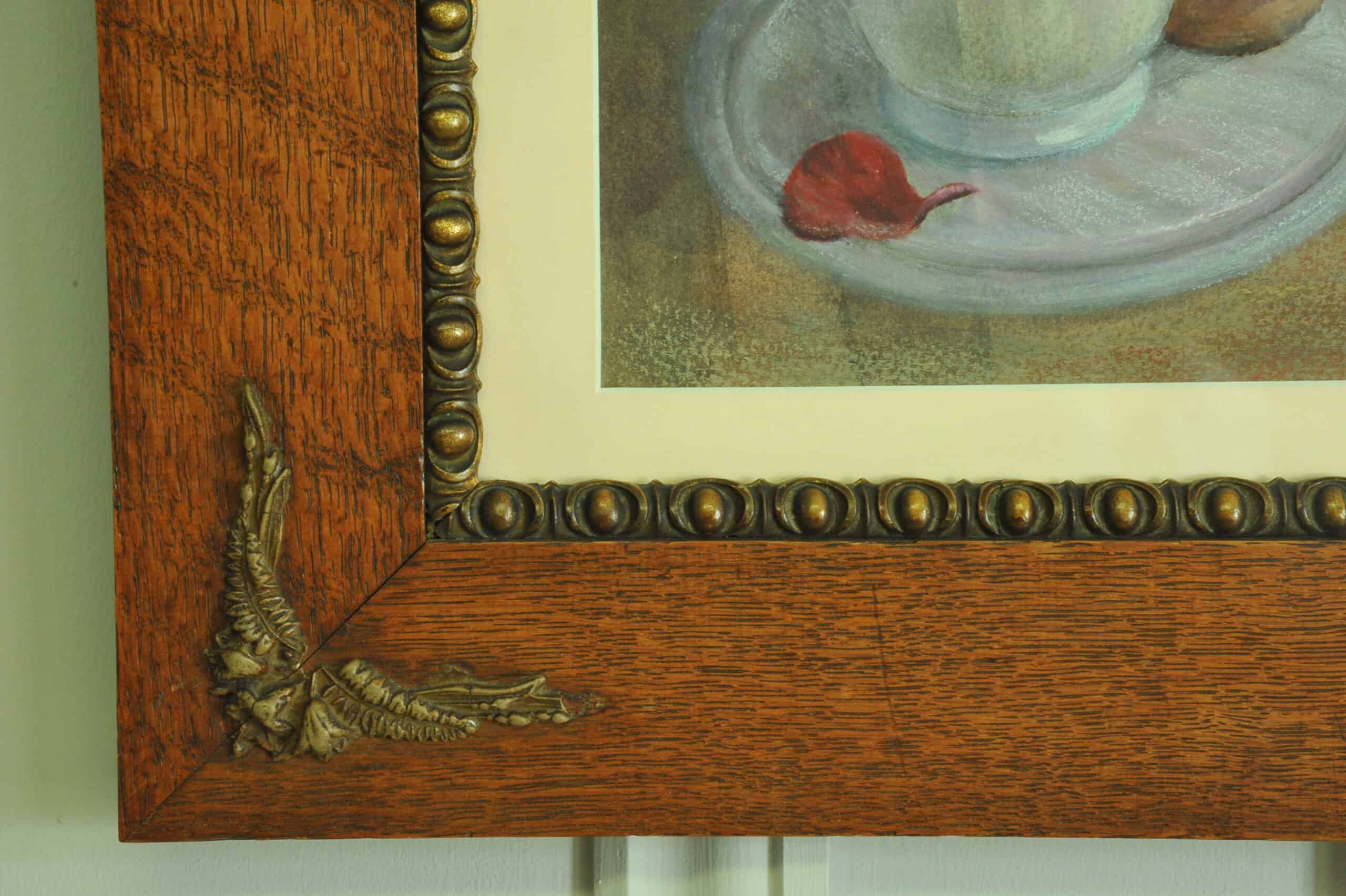 a vintage still life pastel picture in oak frame
