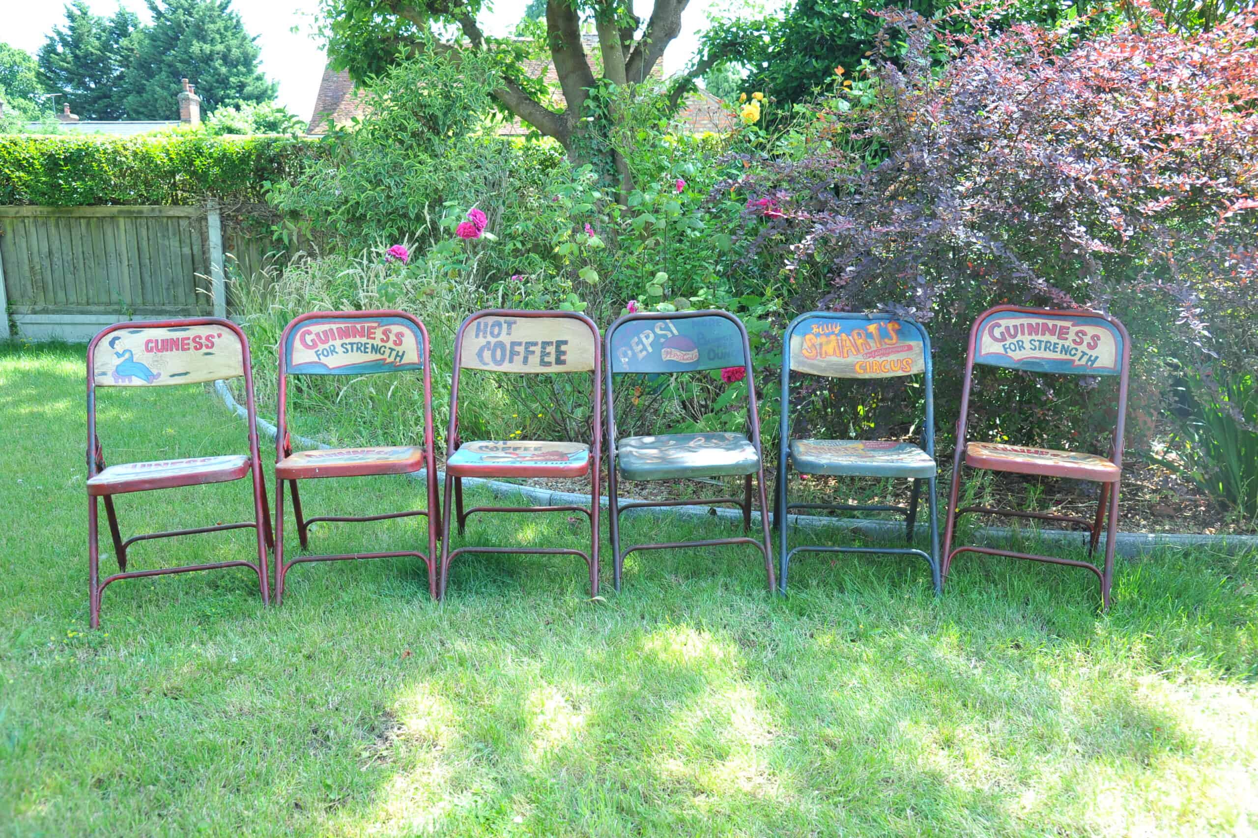 vintage folding advertising painted metal chairs