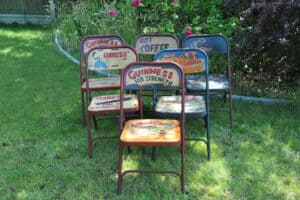 vintage folding advertising painted metal chairs