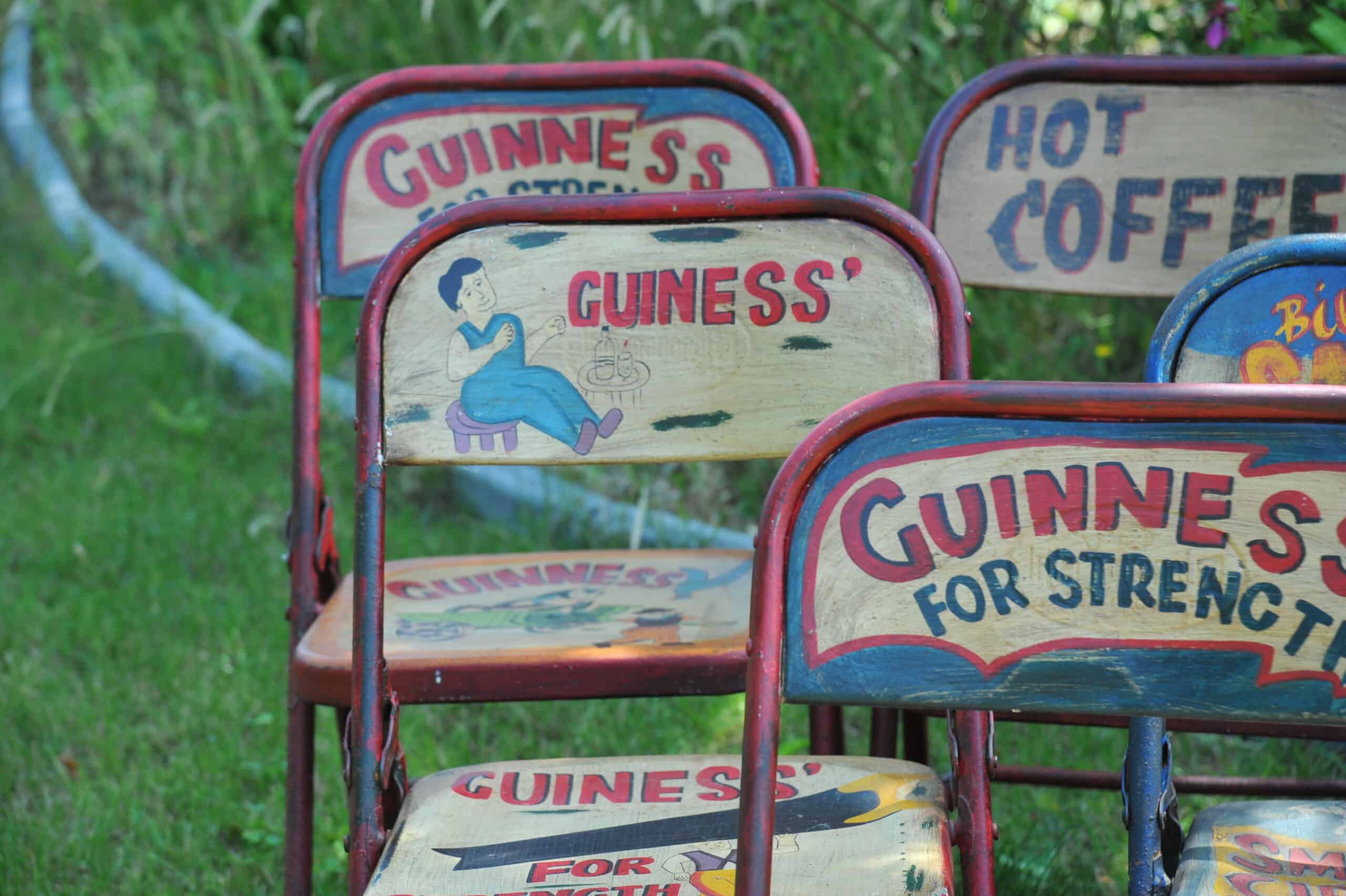 vintage folding advertising painted metal chairs