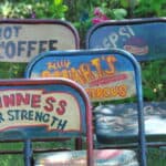 vintage folding advertising painted metal chairs