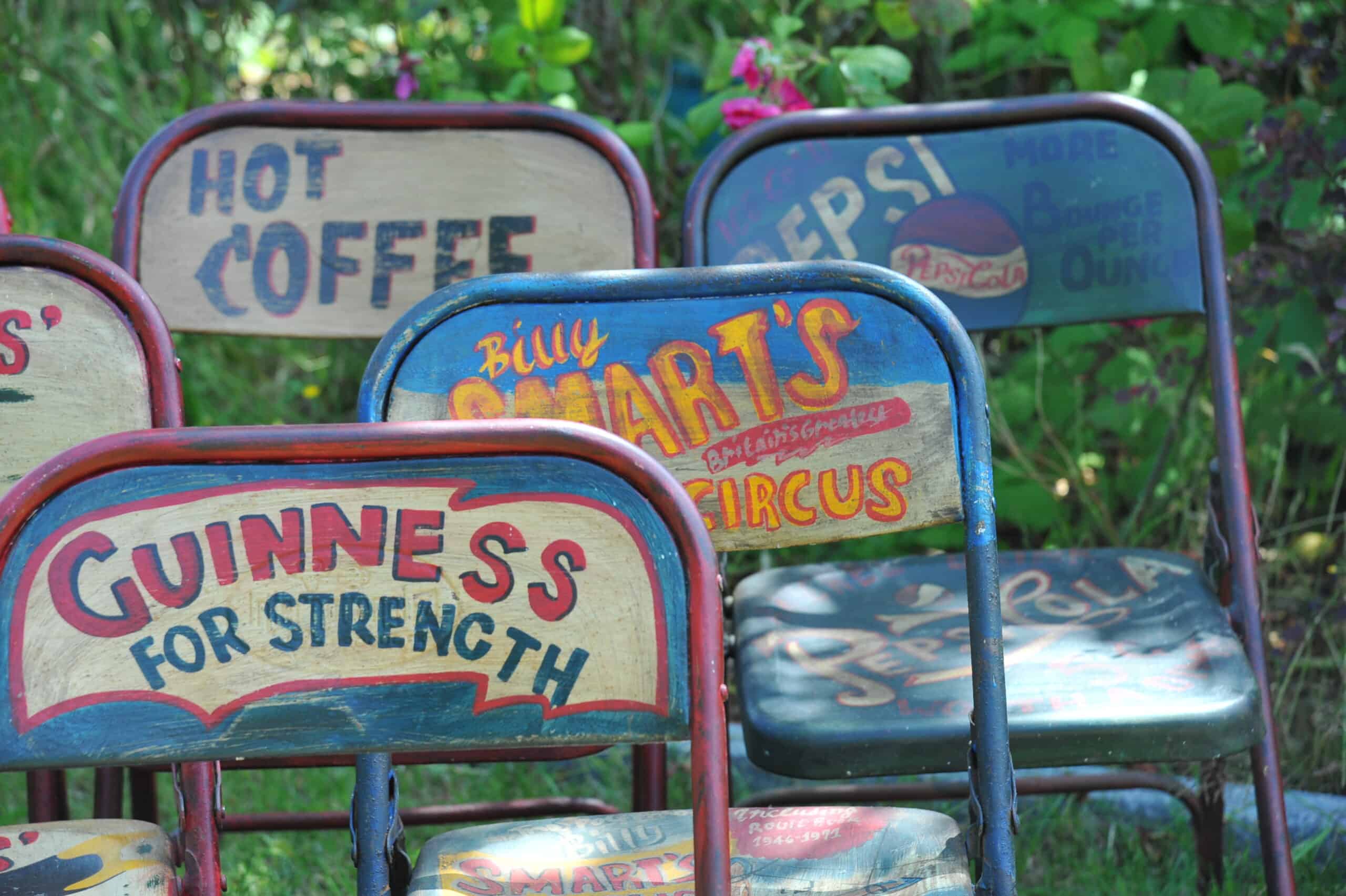 vintage folding advertising painted metal chairs