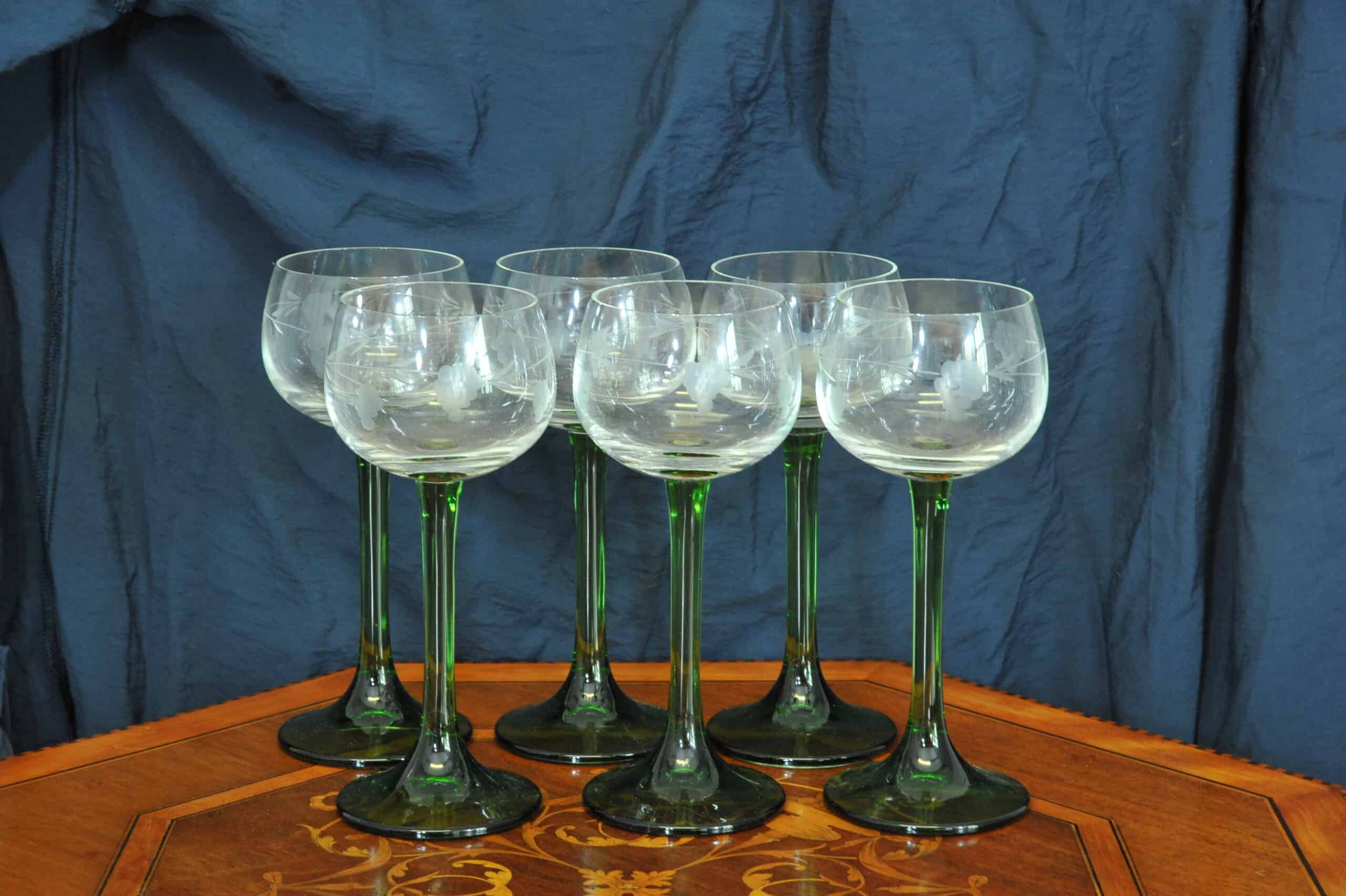 set of six vintage french alsace engraved wine glasses