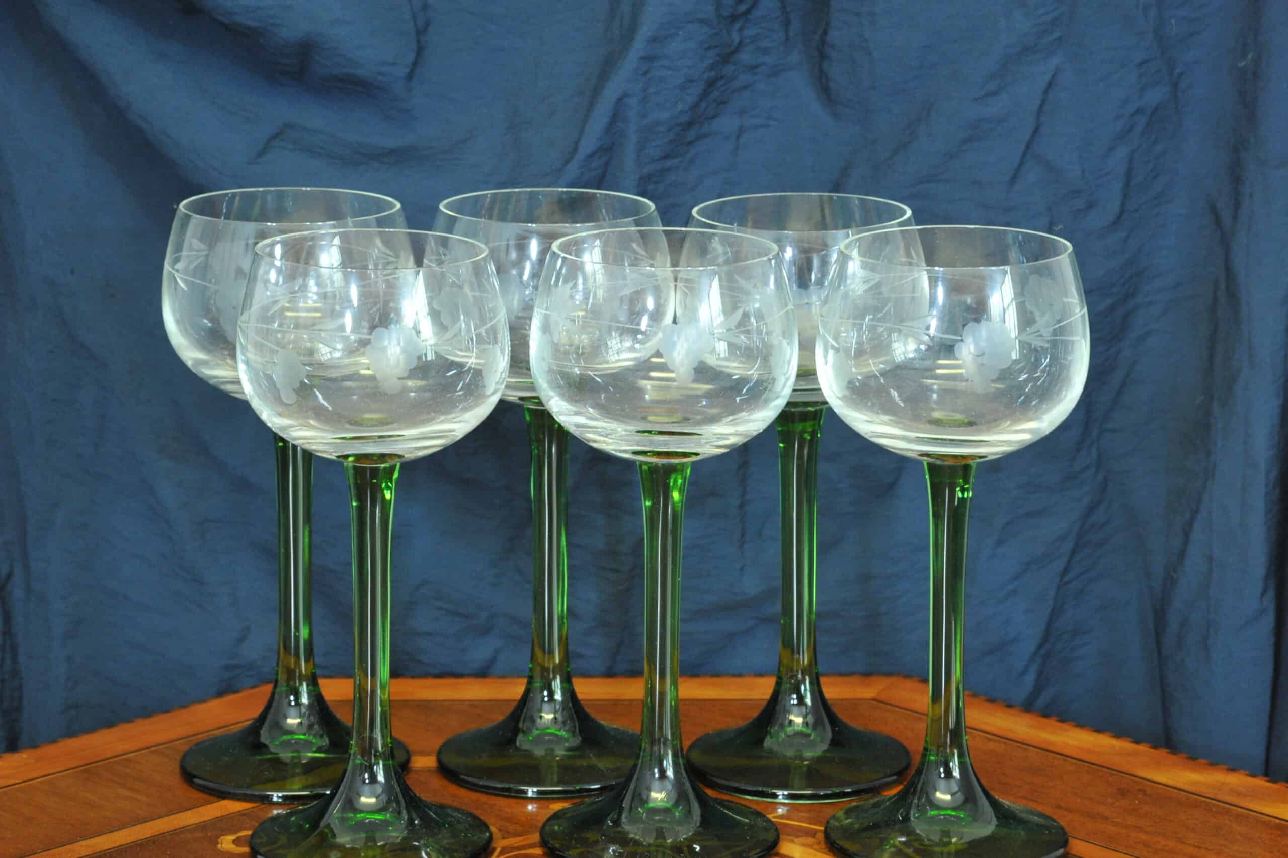 set of six vintage french alsace engraved wine glasses