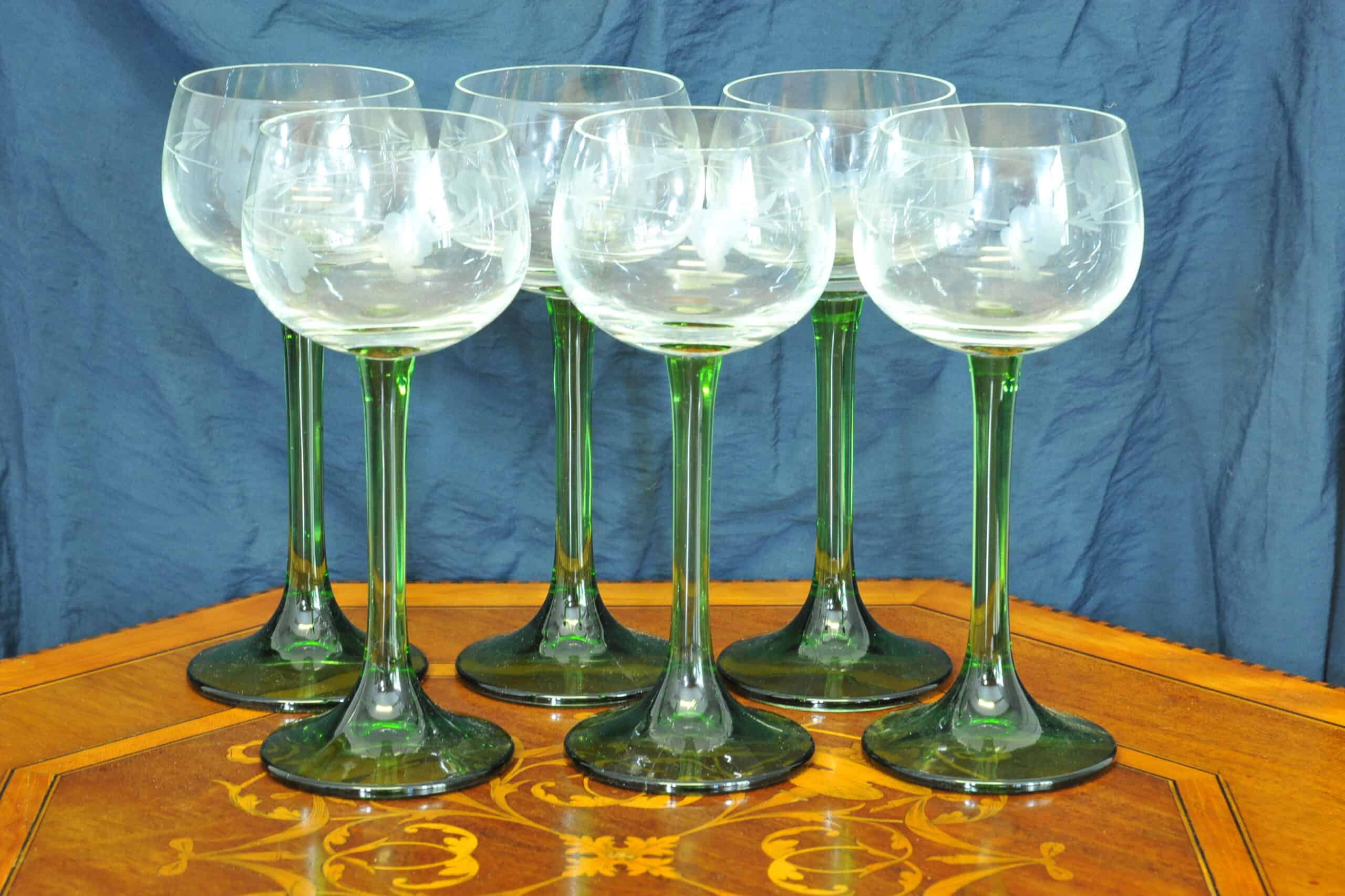 set of six vintage french alsace engraved wine glasses