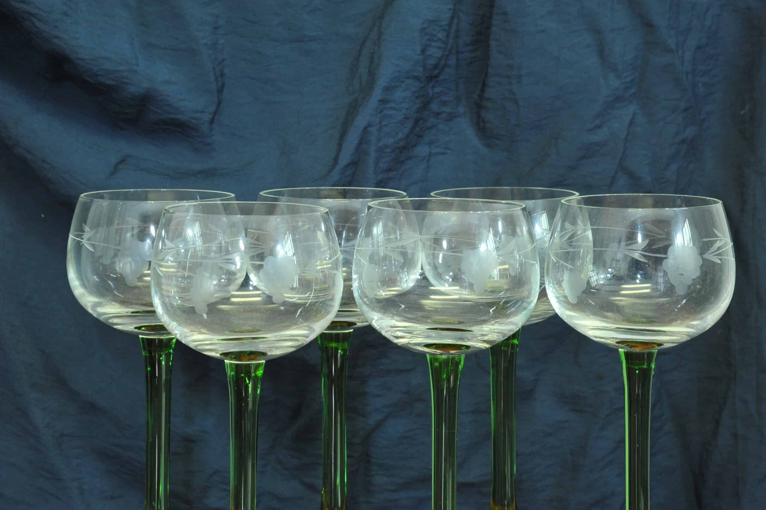 set of six vintage french alsace engraved wine glasses