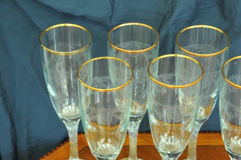 set of six vintage french gilt and twisted stem champagne flutes
