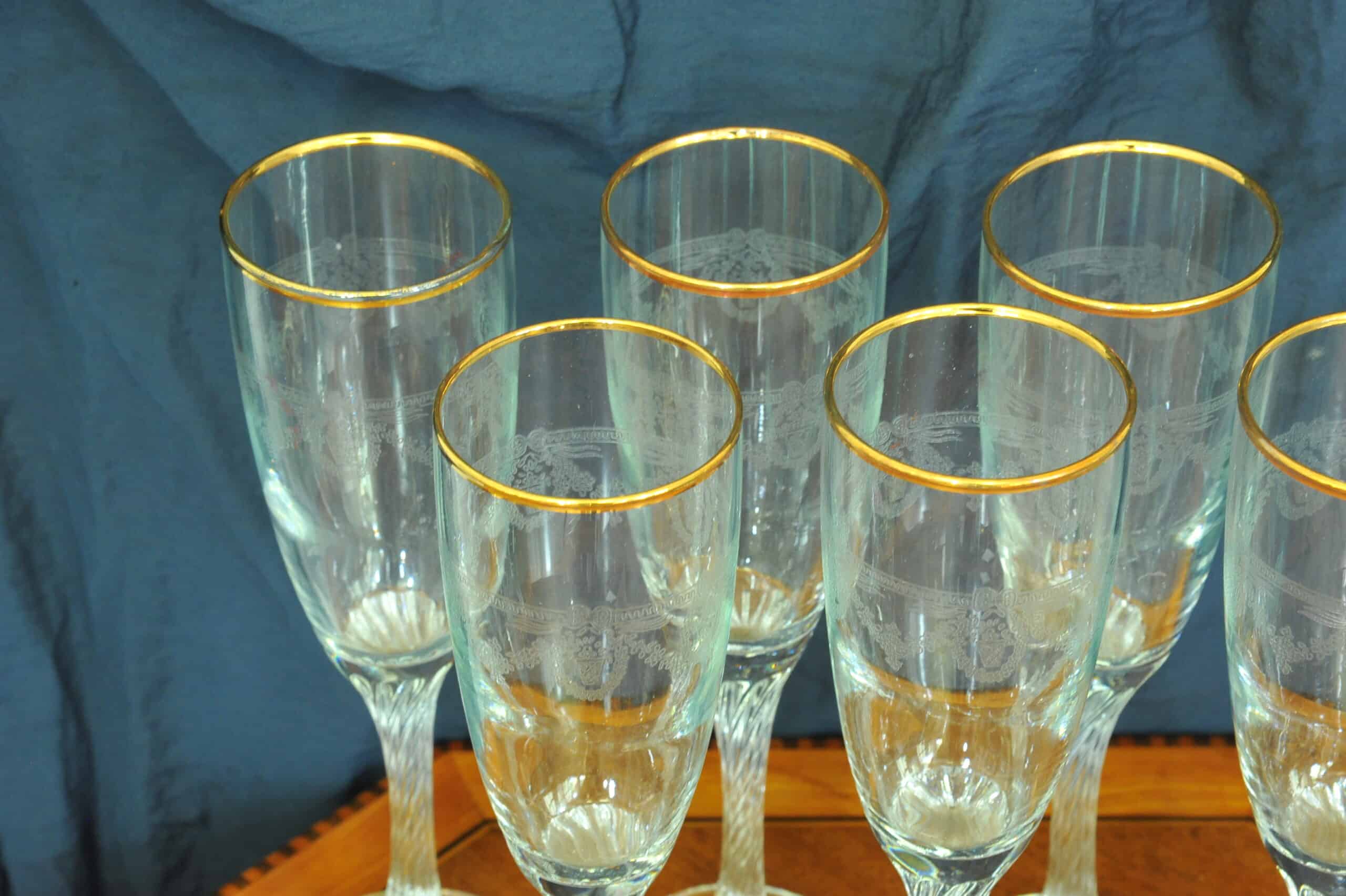 set of six vintage french gilt and twisted stem champagne flutes