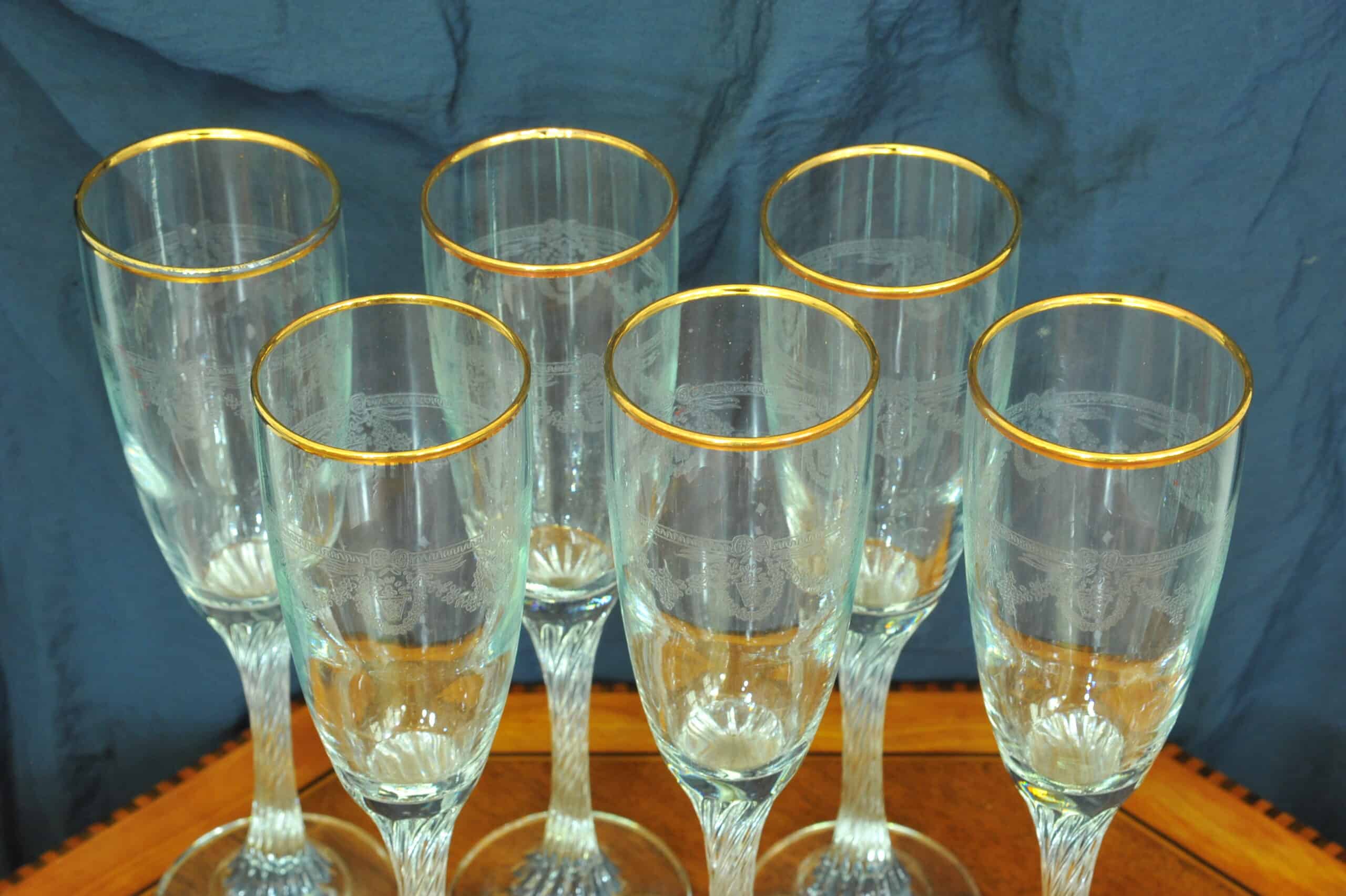 set of six vintage french gilt and twisted stem champagne flutes