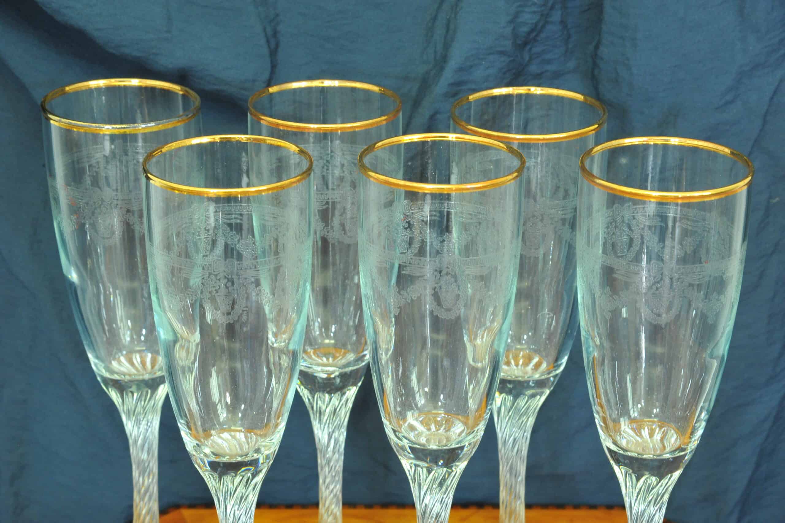 set of six vintage french gilt and twisted stem champagne flutes